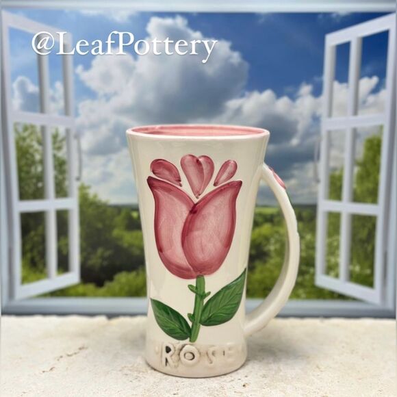 Vintage Handcrafted Rose Floral White/Pink/Green Ceramic Mug Vase - Picture 2 of 8